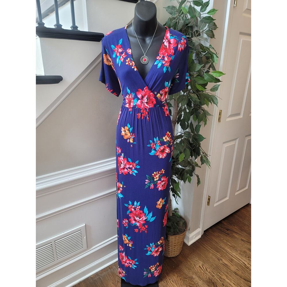 Xpenyo Maxi Dress Women's Size X-Large Navy Floral V Neck Short Flutter Sleeves